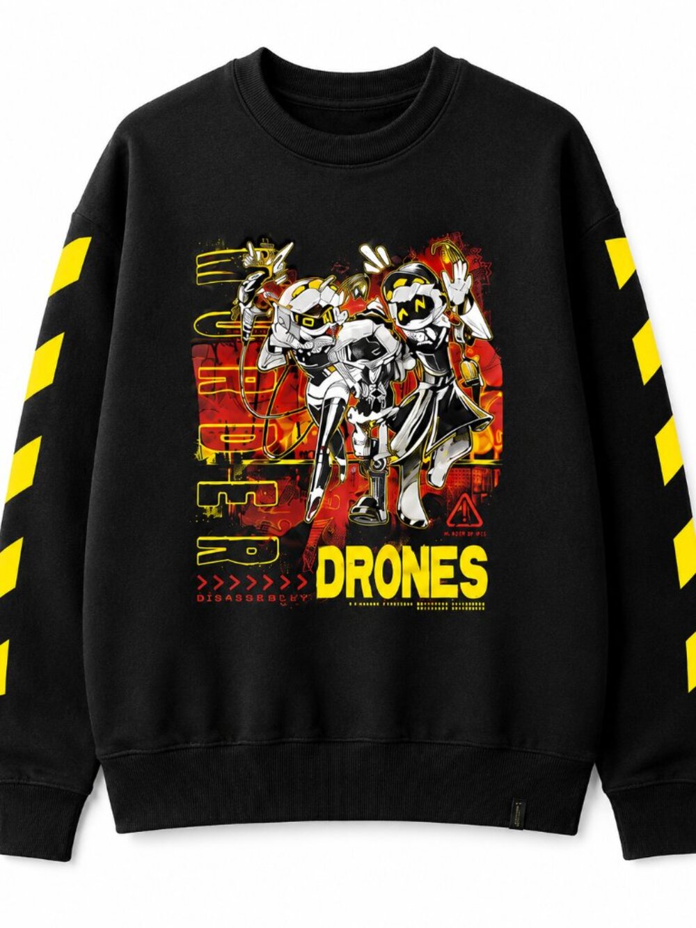 Murder Drones Black Graphic Sweatshirt Yellow Sleeve Stripes Unisex Medium
